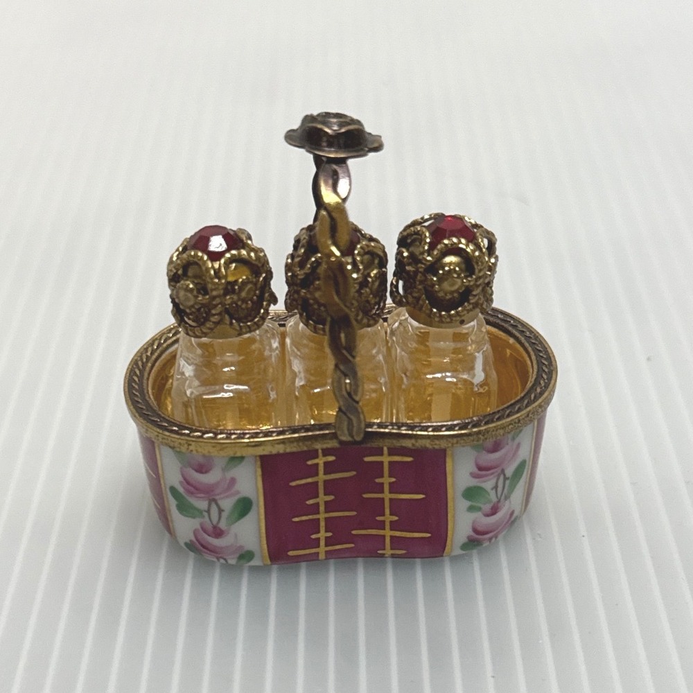 Limoges Perfume Bottle Set Pink Hand Painted Porcelain Basket France